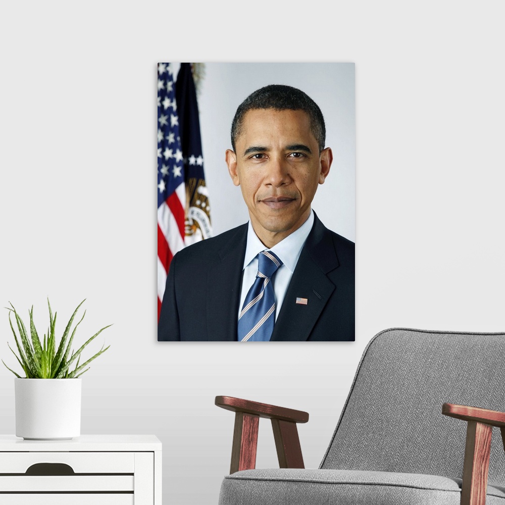 A modern room featuring Official portrait of President-elect Barack Obama. Library of Congress, Prints and Photographs Di...