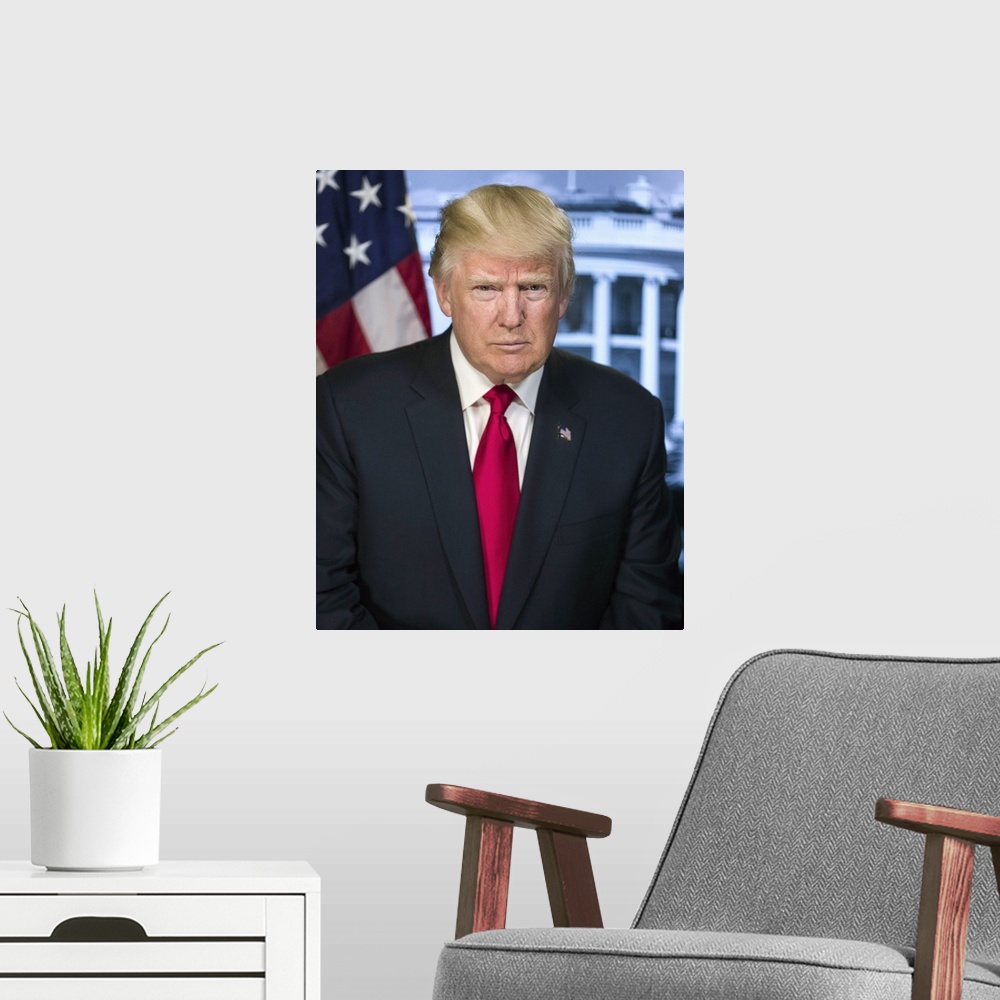 A modern room featuring Official portrait of President-elect Donald Trump. Library of Congress, Prints and Photographs Di...