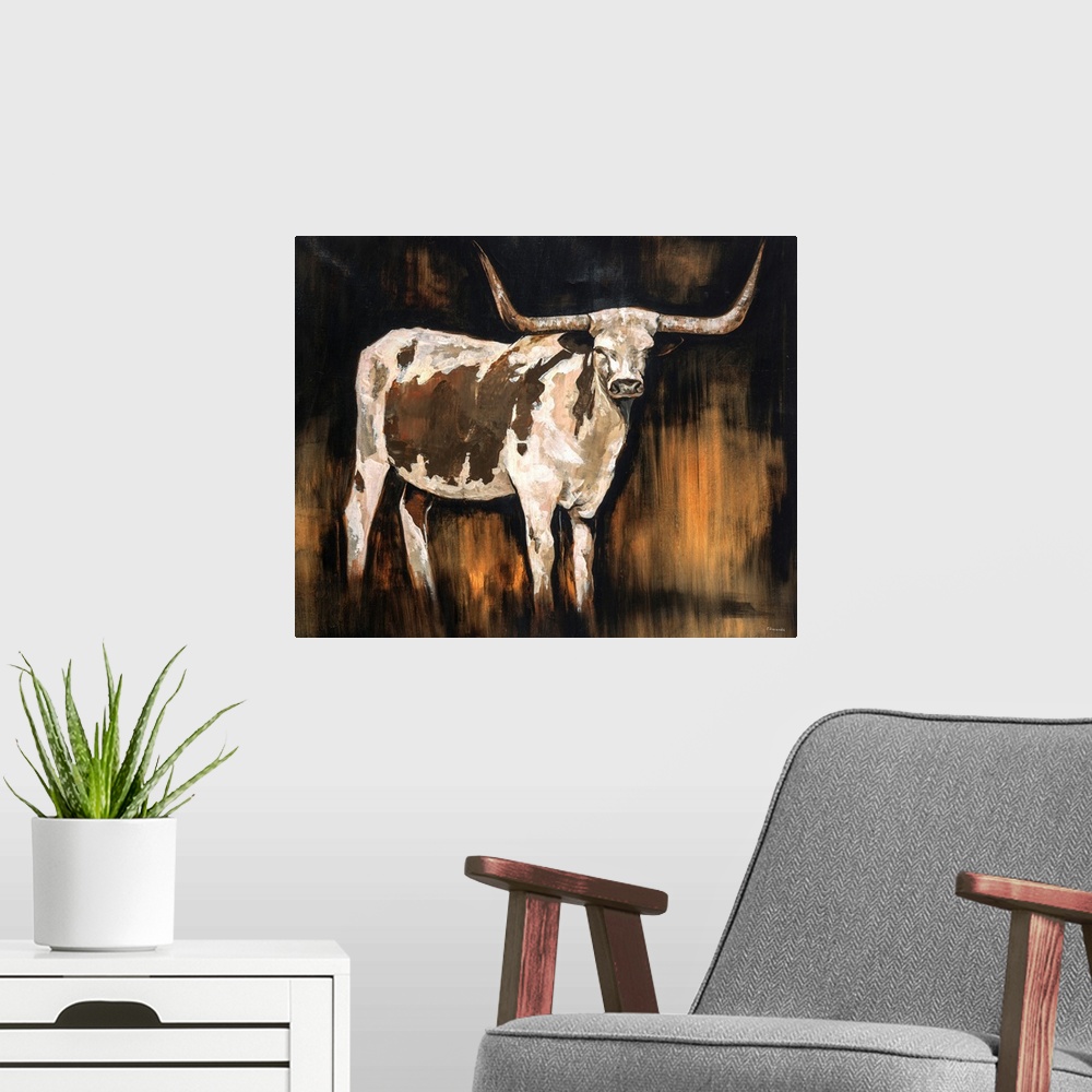 A modern room featuring Earth-toned portrait of a Texas Longhorn.