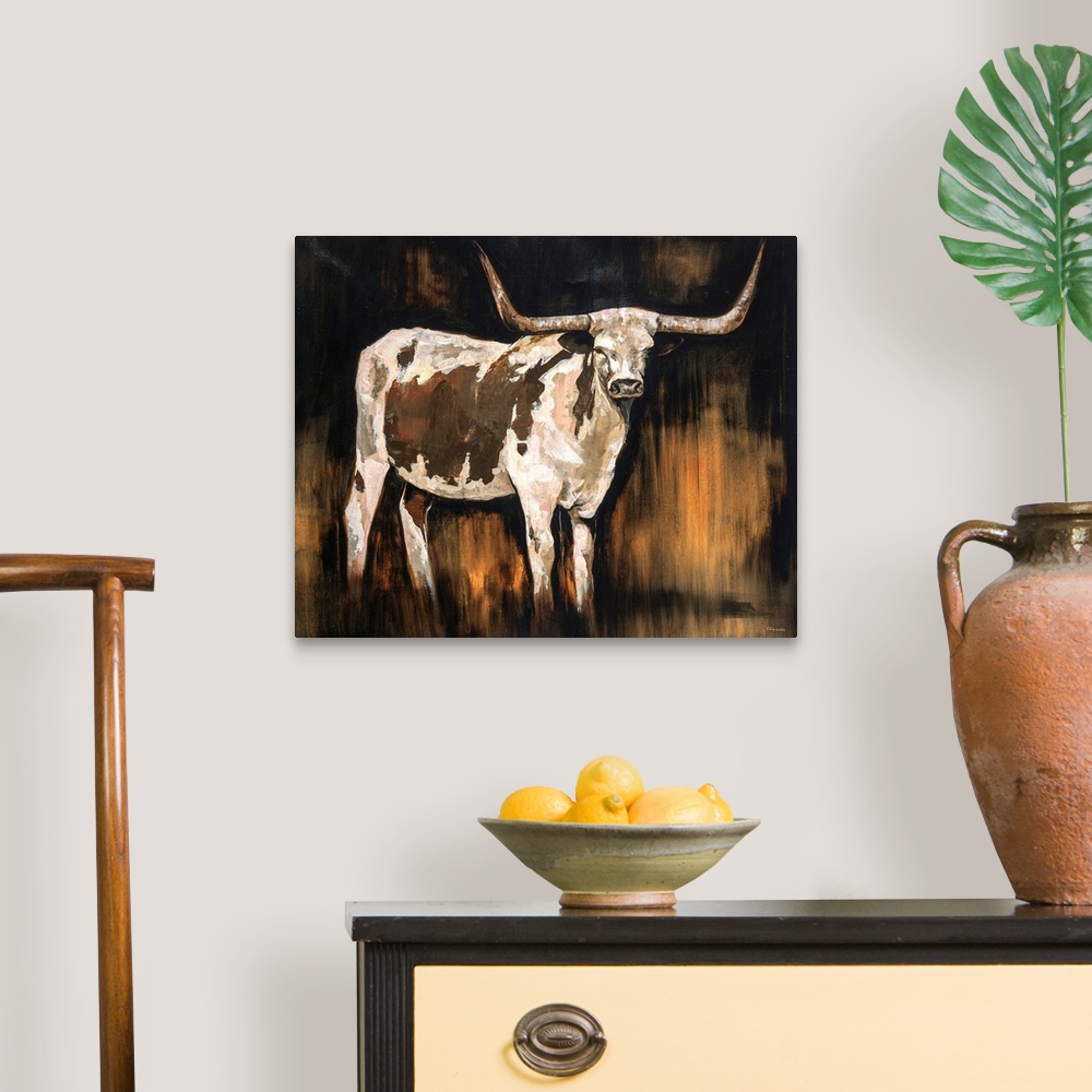 A traditional room featuring Earth-toned portrait of a Texas Longhorn.