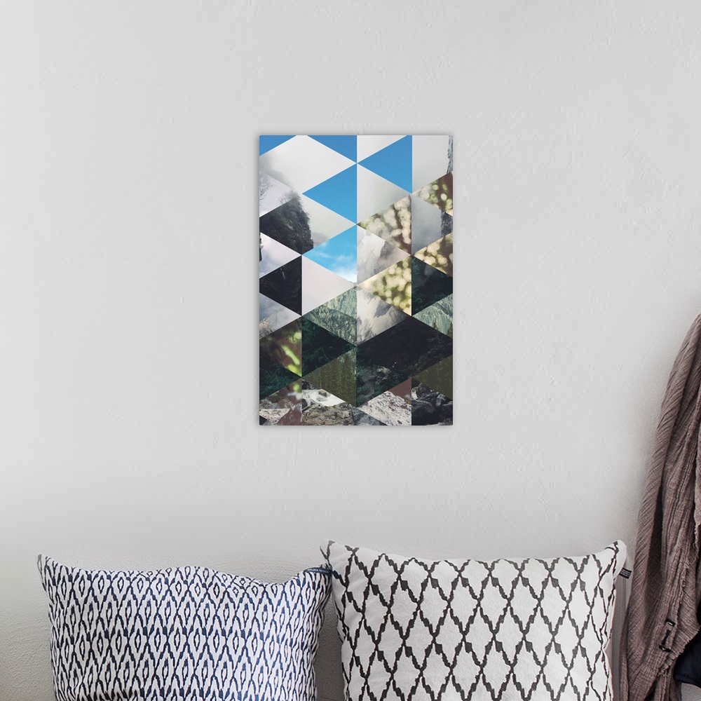 A bohemian room featuring Geometric triangular shapes against a background of different forest images.