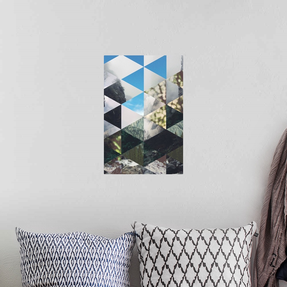 A bohemian room featuring Geometric triangular shapes against a background of different forest images.