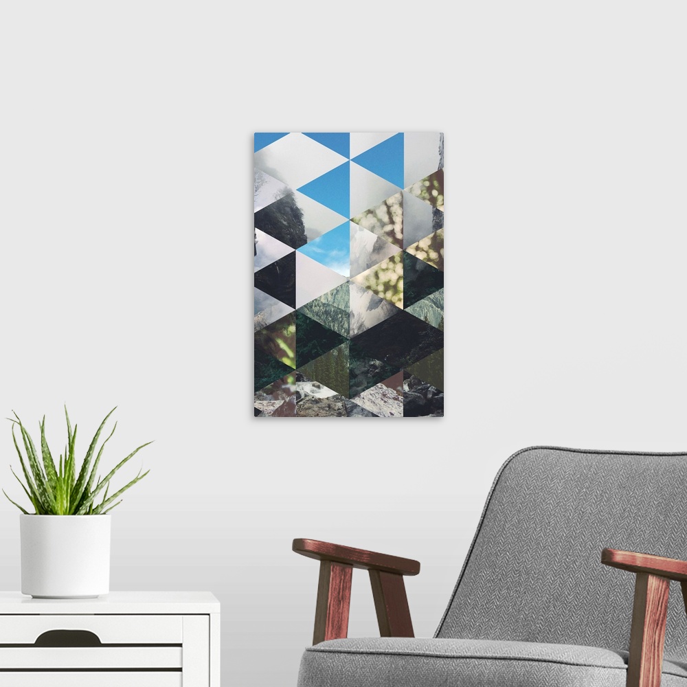 A modern room featuring Geometric triangular shapes against a background of different forest images.