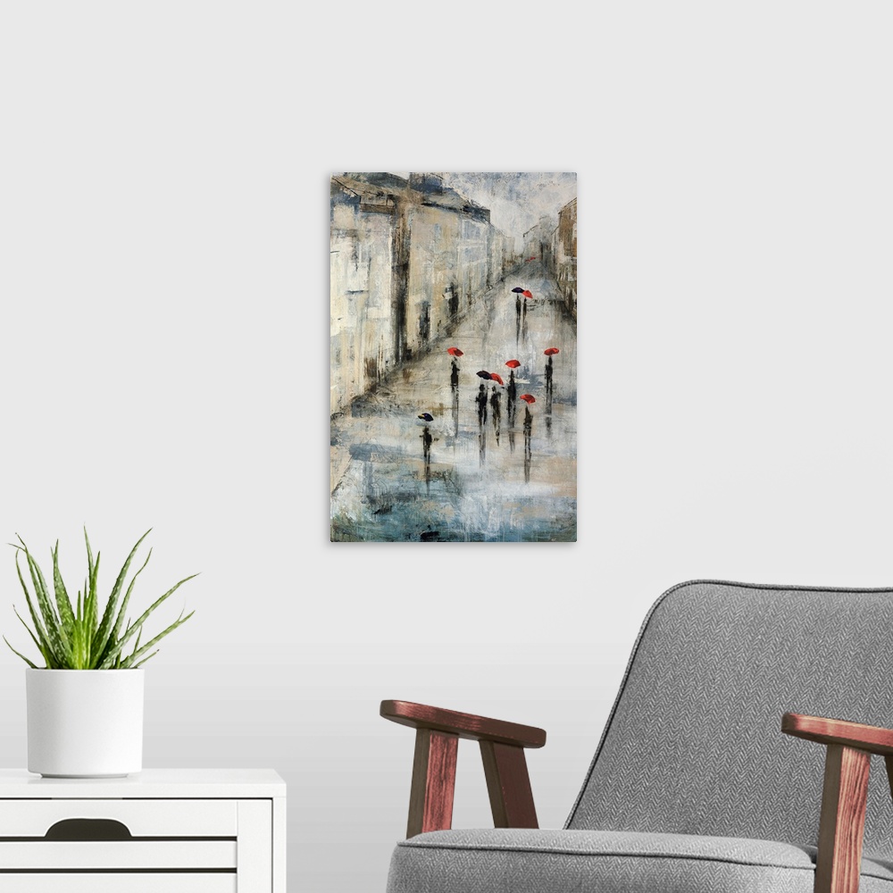 A modern room featuring Neutral-toned painting of pedestrians holding umbrellas while walking along a promenade on a drea...