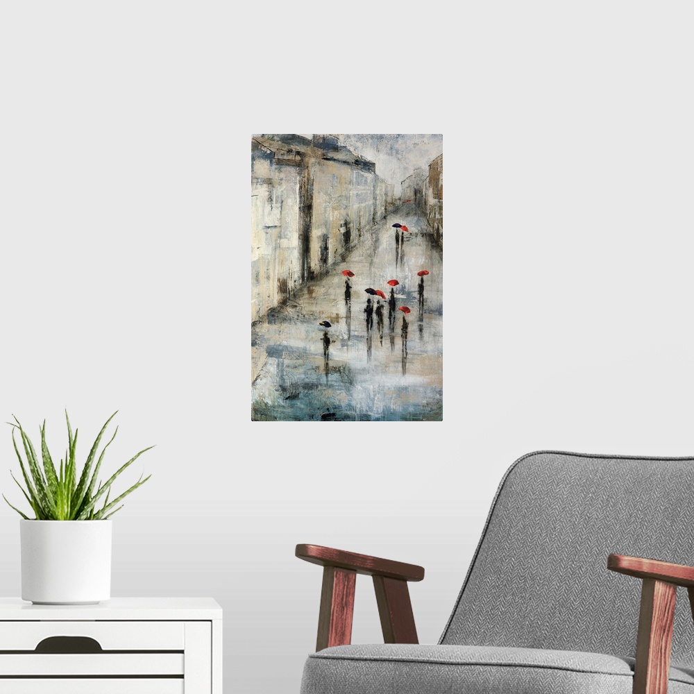 A modern room featuring Neutral-toned painting of pedestrians holding umbrellas while walking along a promenade on a drea...