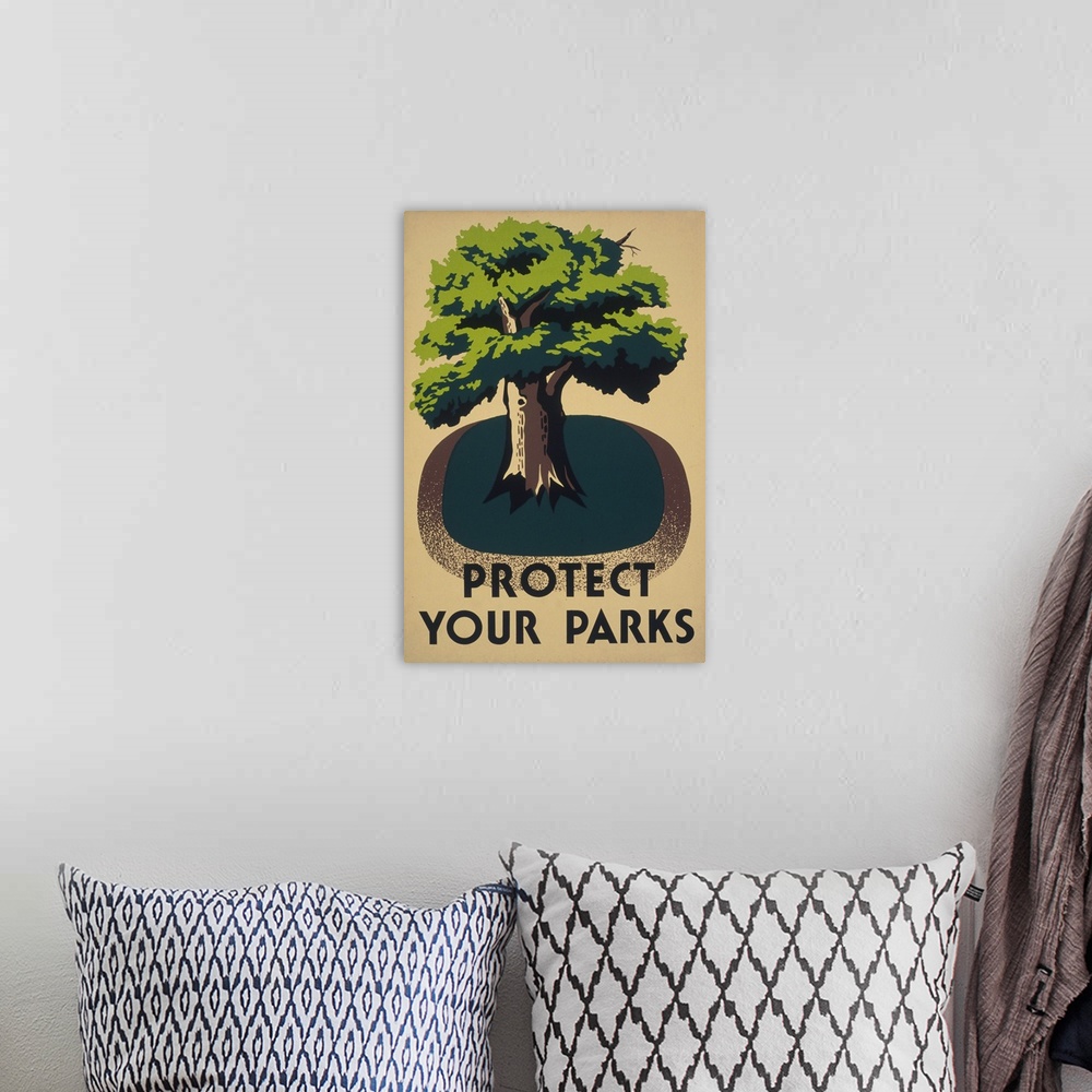 A bohemian room featuring Protect your parks. Poster promoting conservation of parks, showing a tree. Library of Congress, ...