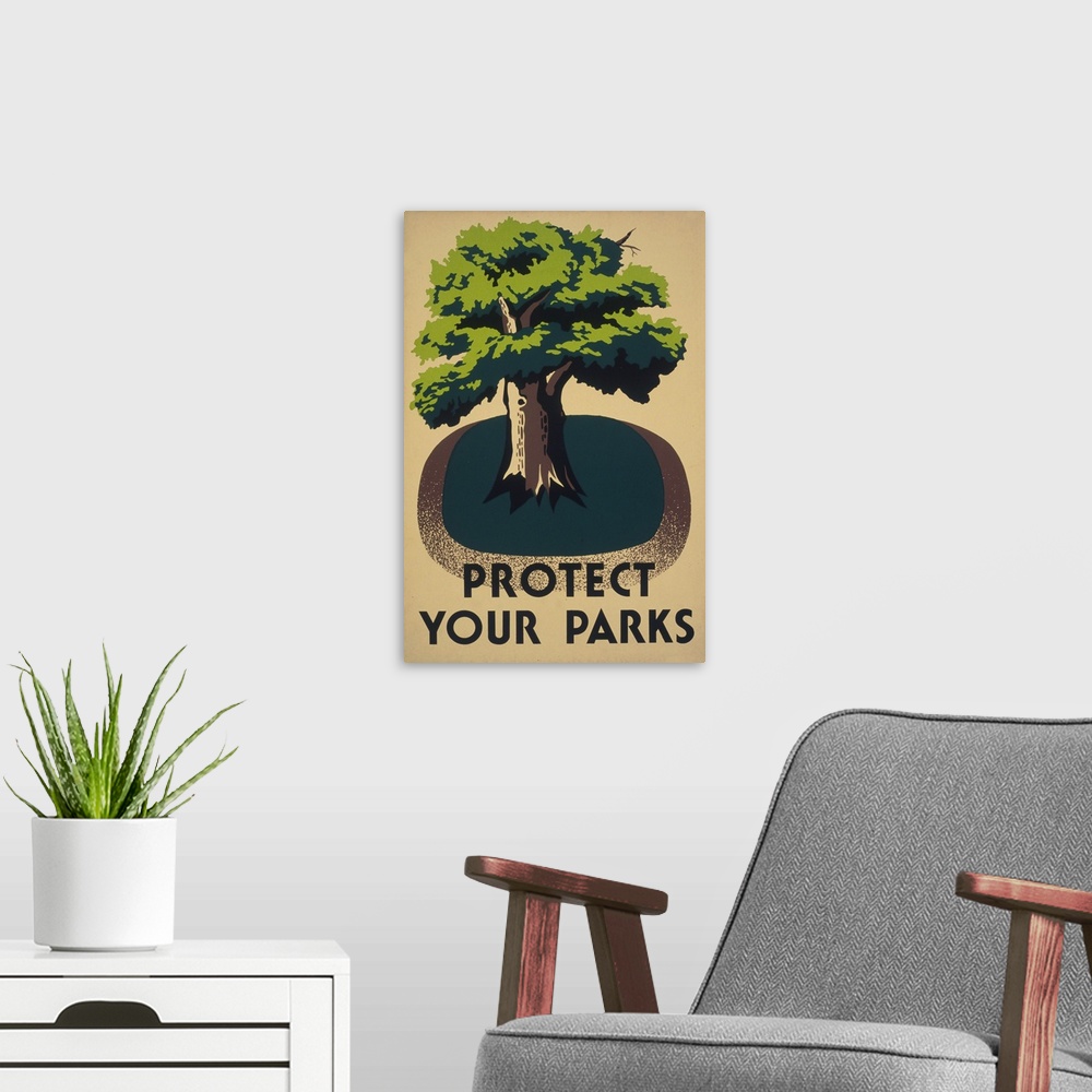 A modern room featuring Protect your parks. Poster promoting conservation of parks, showing a tree. Library of Congress, ...