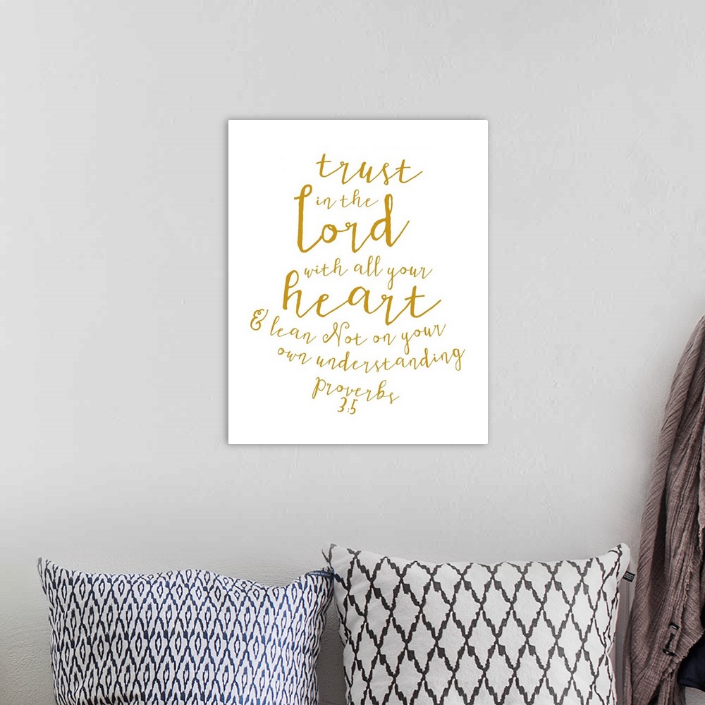 A bohemian room featuring Handlettered Bible verse reading Trust in the Lord with all your heart and lean not on your own u...