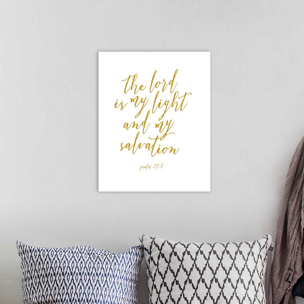 A bohemian room featuring Handlettered Bible verse reading The Lord is my light and my salvation.
