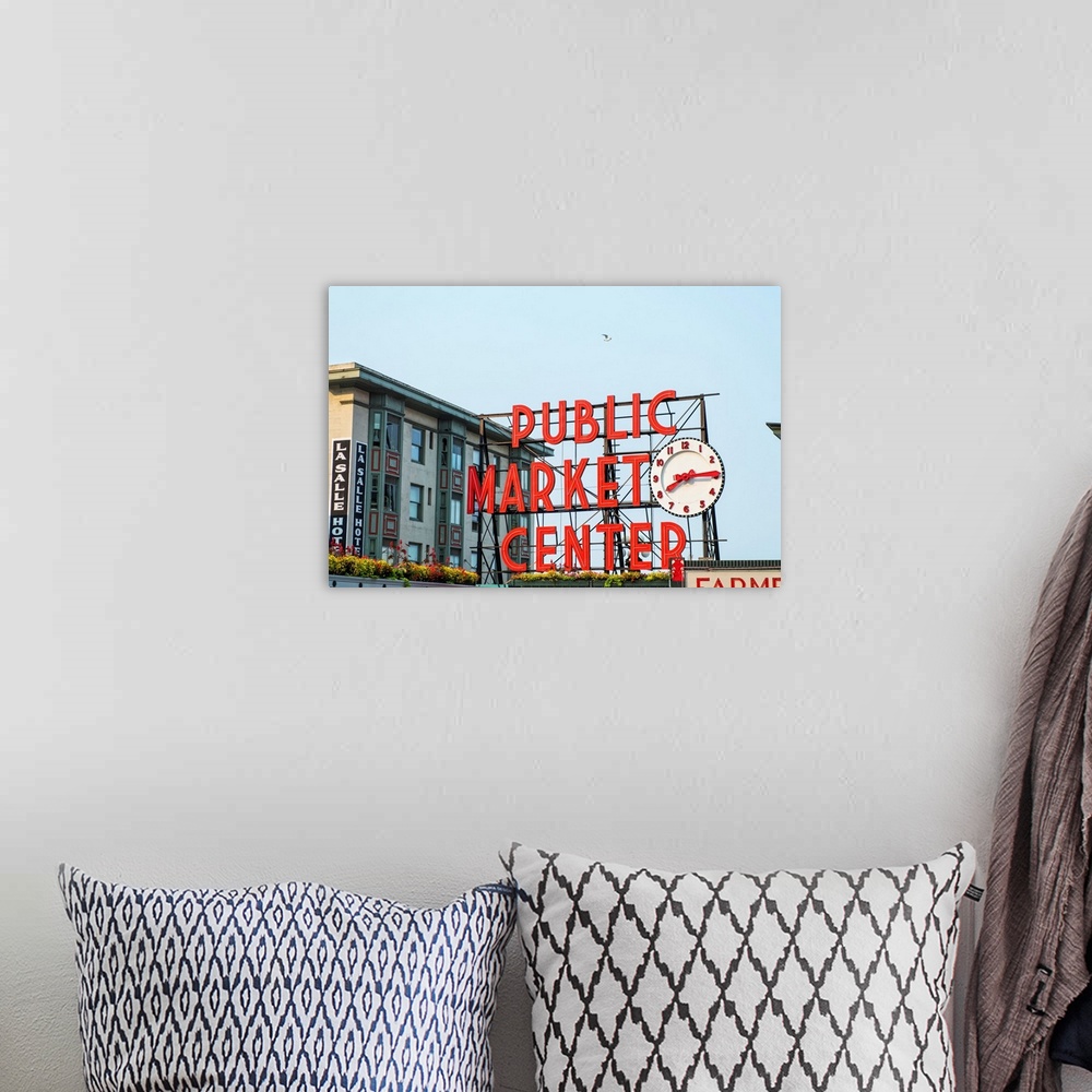 A bohemian room featuring Photograph of the red Public Market Center sign at the farmers market in downtown Seattle.