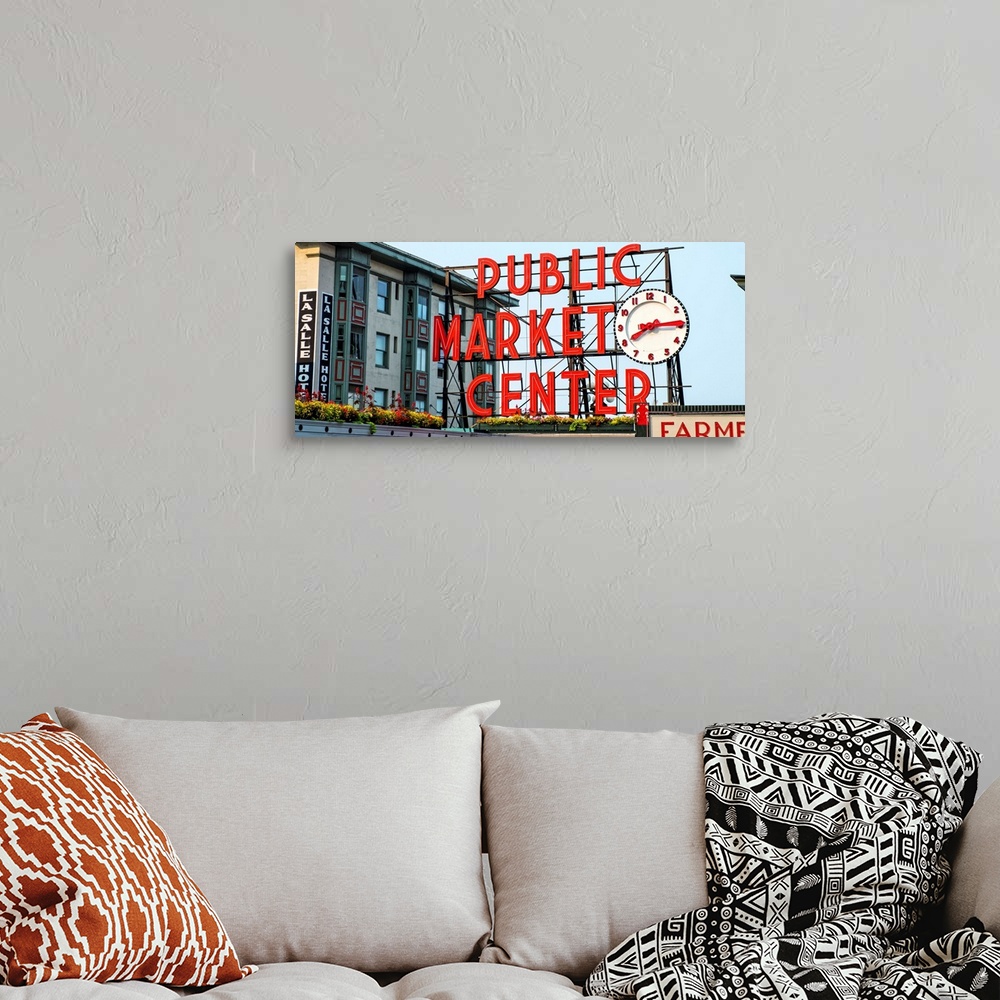 A bohemian room featuring Panoramic photograph of the red Public Market Center sign at the farmers market in downtown Seattle.