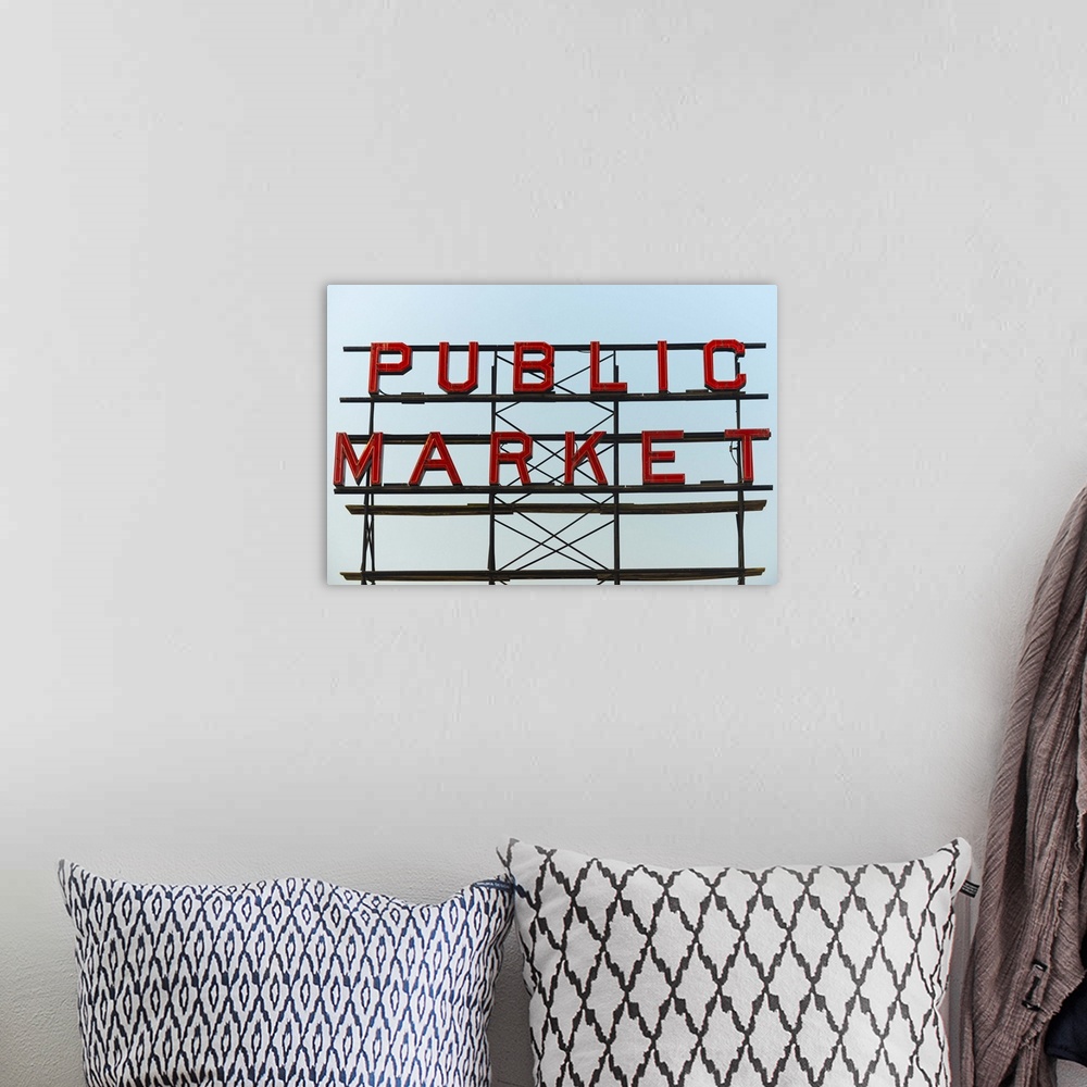 A bohemian room featuring Photograph of the Public Market sign at Pike Place Market in San Francisco.