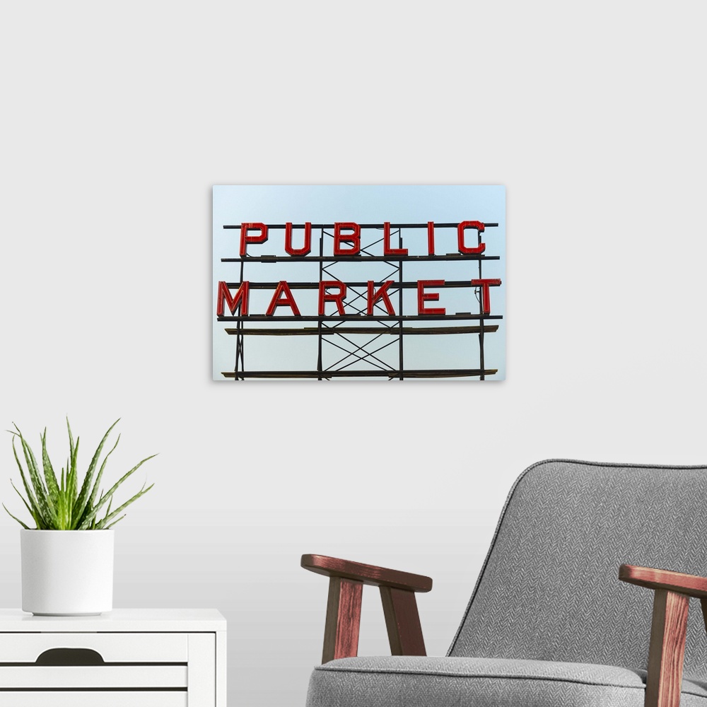 A modern room featuring Photograph of the Public Market sign at Pike Place Market in San Francisco.