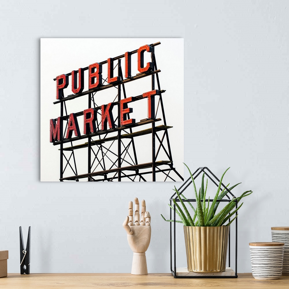 A bohemian room featuring Square photograph of the red Public Market sign at Pike Place Market in downtown Seattle, WA.