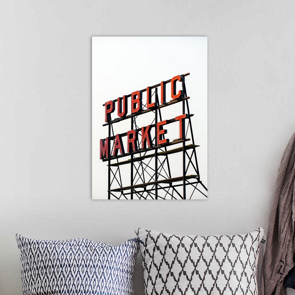 A bohemian room featuring Photograph of the red Public Market sign at Pike Place Market in downtown Seattle, WA.