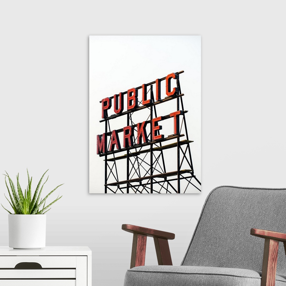 A modern room featuring Photograph of the red Public Market sign at Pike Place Market in downtown Seattle, WA.