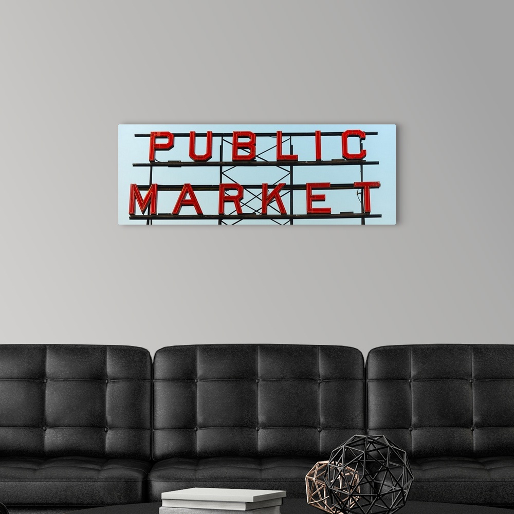 A modern room featuring Panoramic photograph of the Public Market sign at Pike Place Market in San Francisco.
