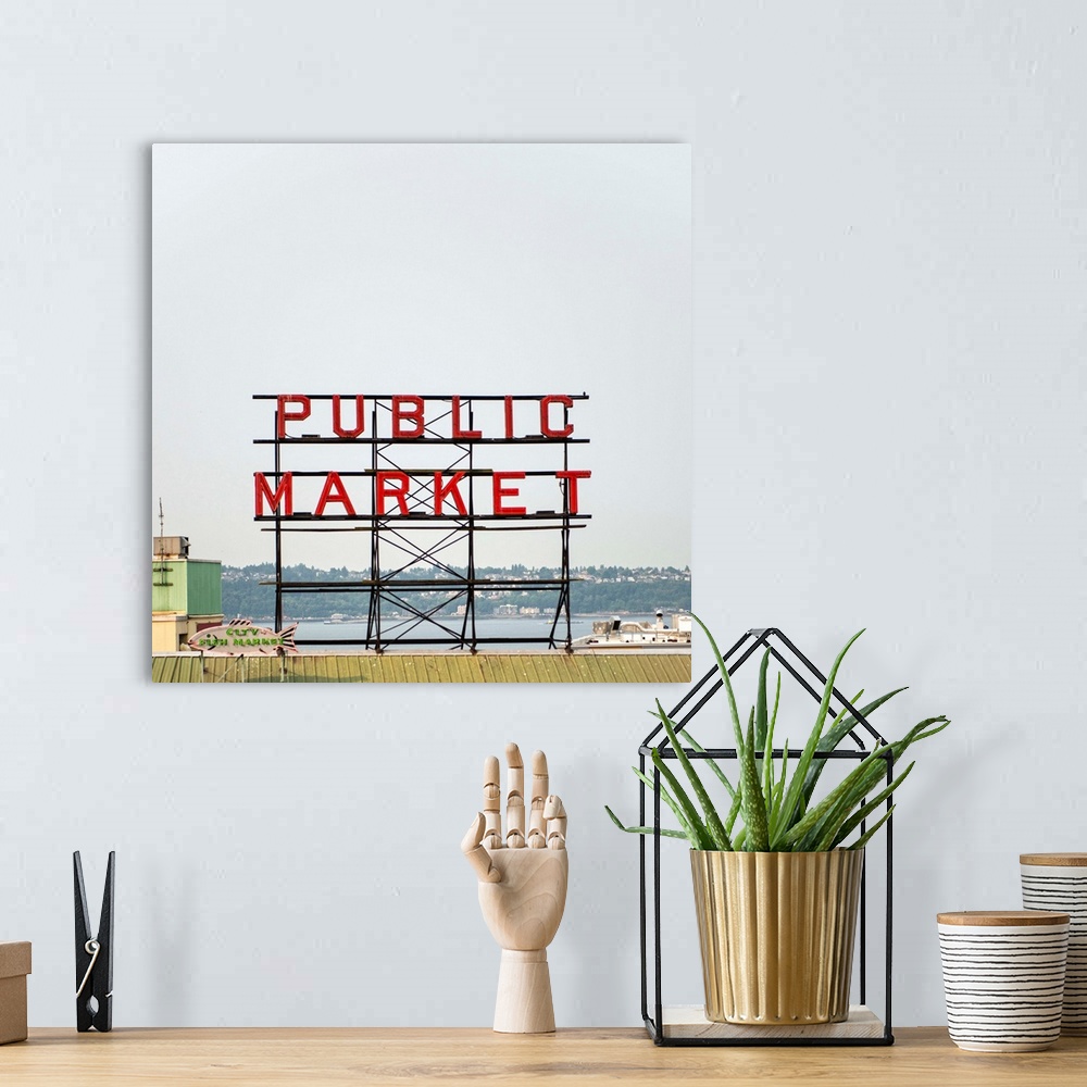 A bohemian room featuring Square photograph of the Public Market sign at Pike Place Market in Seattle, Washington.