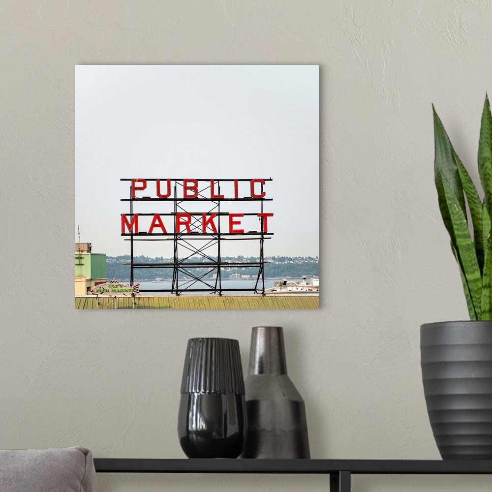 A modern room featuring Square photograph of the Public Market sign at Pike Place Market in Seattle, Washington.