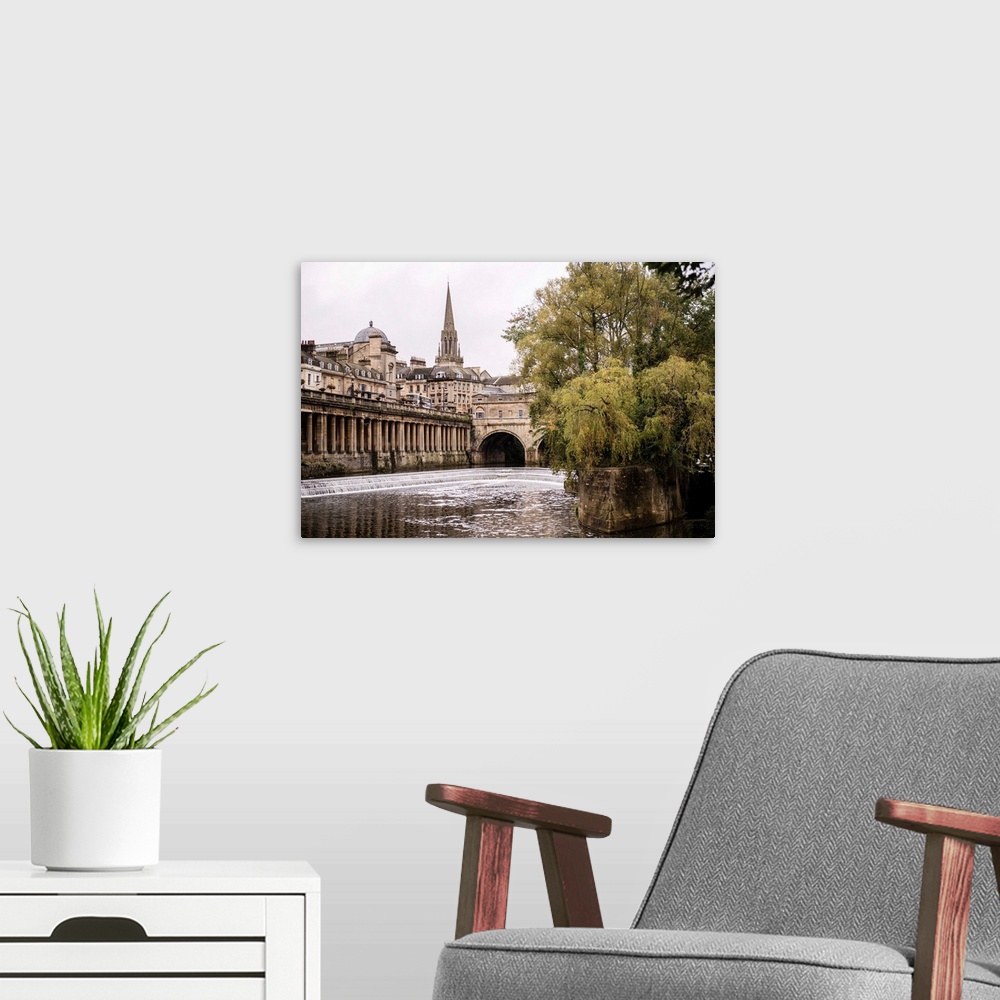A modern room featuring Beautiful photograph of Bath's Pulteney Bridge and weir on an overcast day in England.
