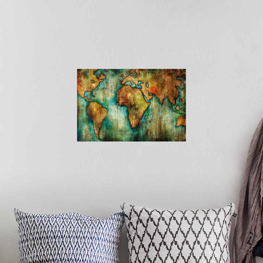 A bohemian room featuring Painting of a world map done in an antique style with shades of brown and blue-green.