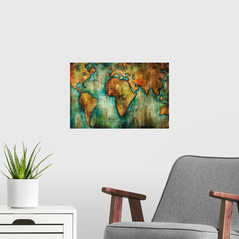 A modern room featuring Painting of a world map done in an antique style with shades of brown and blue-green.