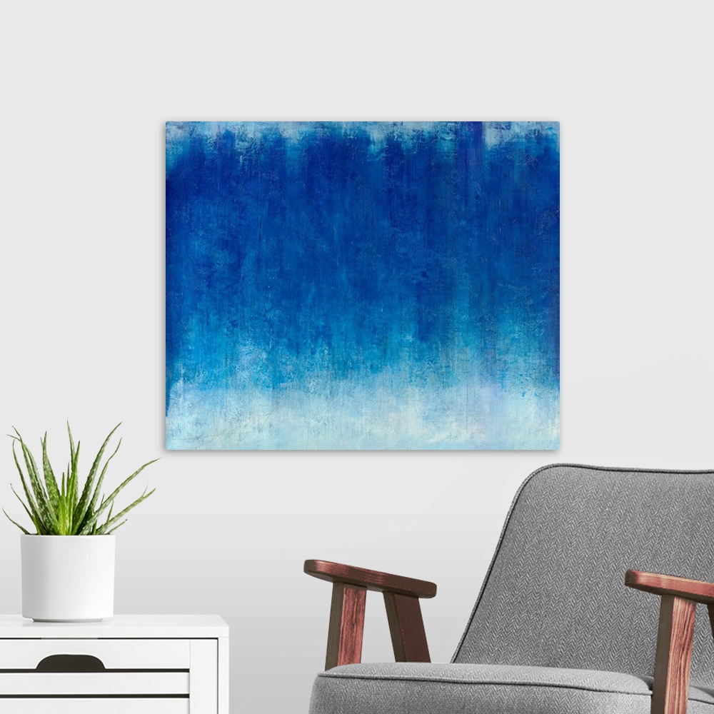 A modern room featuring A horizontal monochromatic abstract painting with beautiful textures.