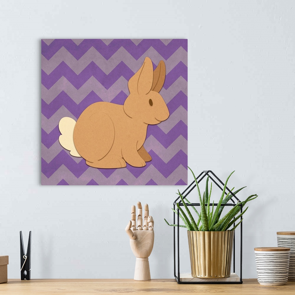 A bohemian room featuring A bunny rabbit with the appearance of cutout paper on a purple chevron-patterned background.