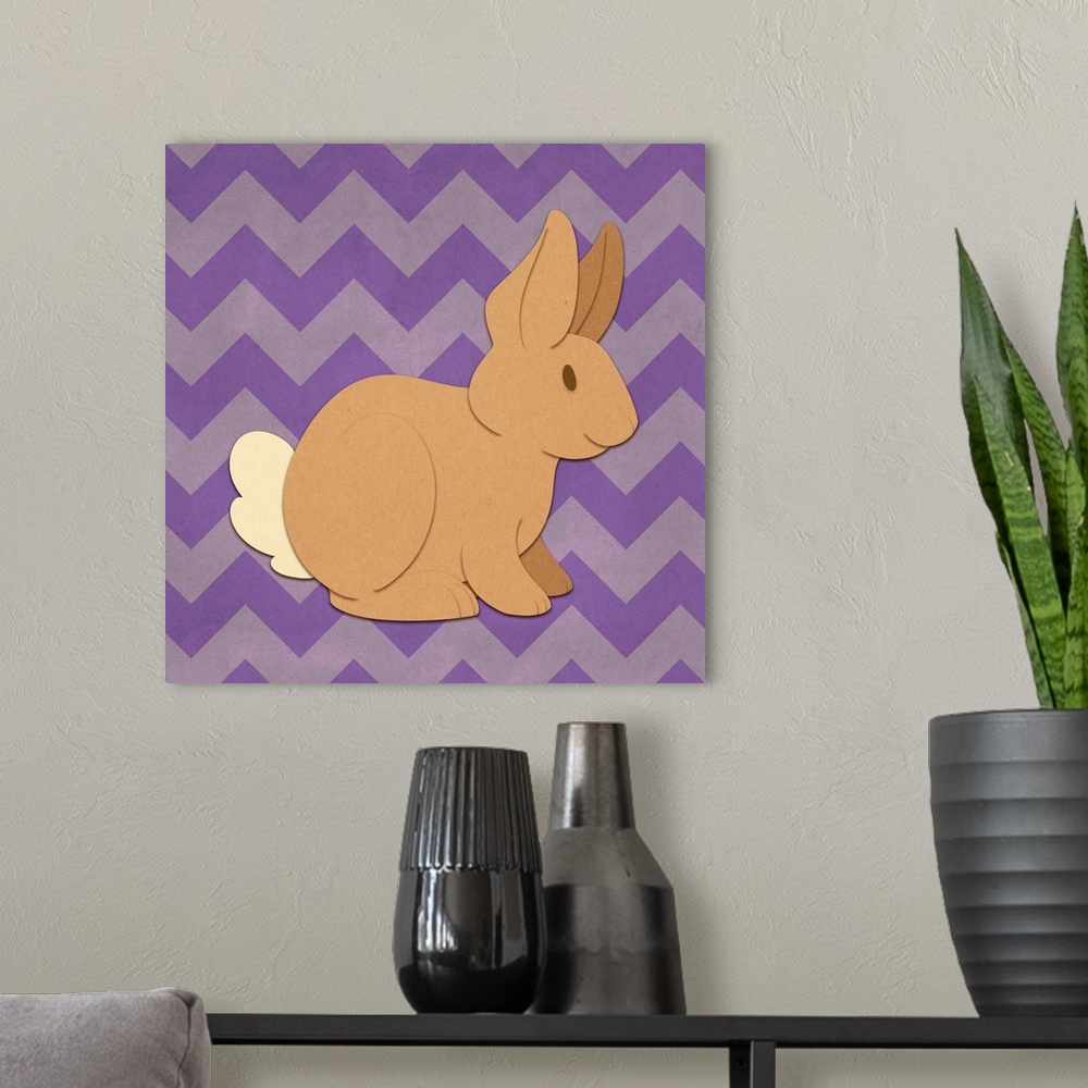 A modern room featuring A bunny rabbit with the appearance of cutout paper on a purple chevron-patterned background.