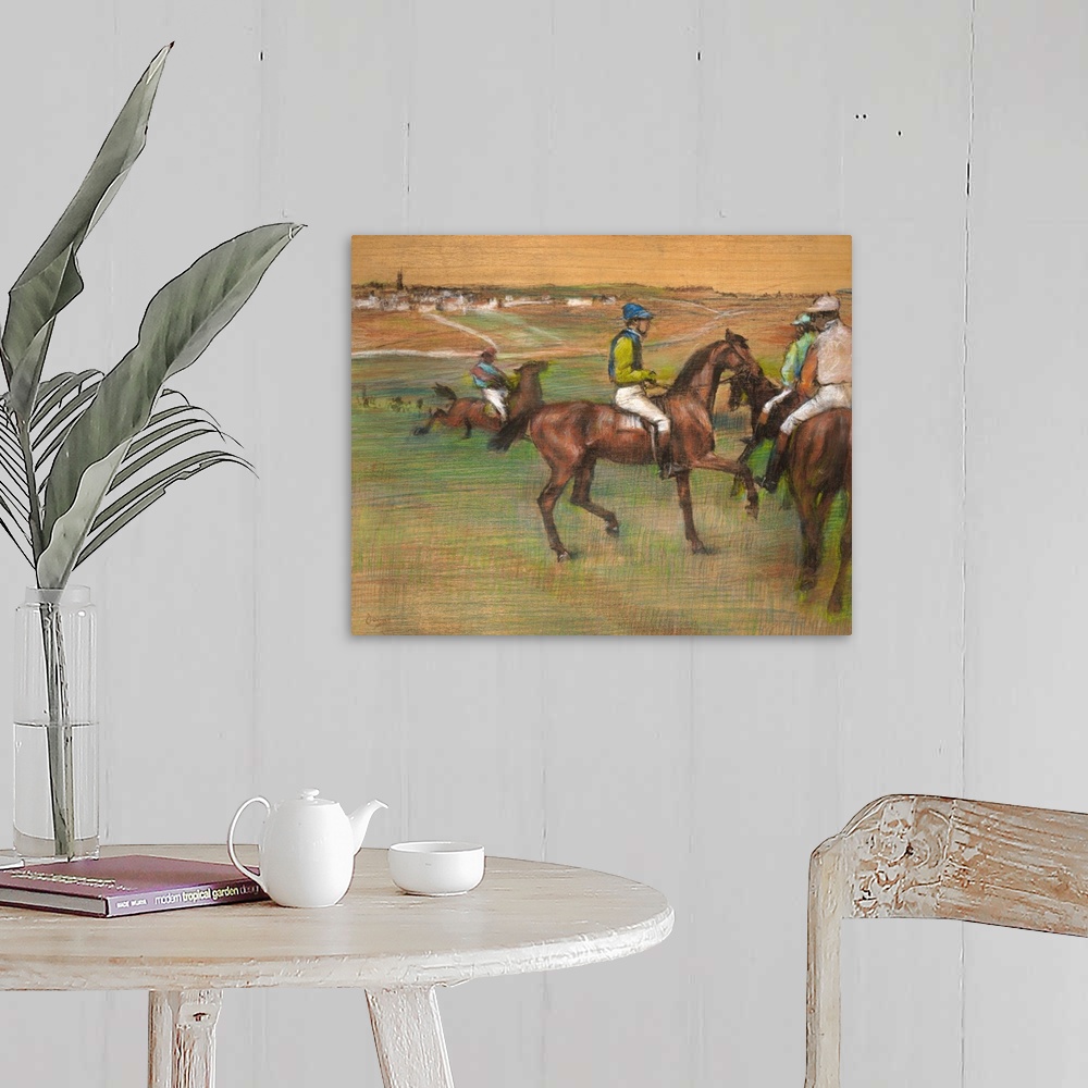 A farmhouse room featuring Degas undertook racing scenes throughout his career, characteristically manipulating his horses a...