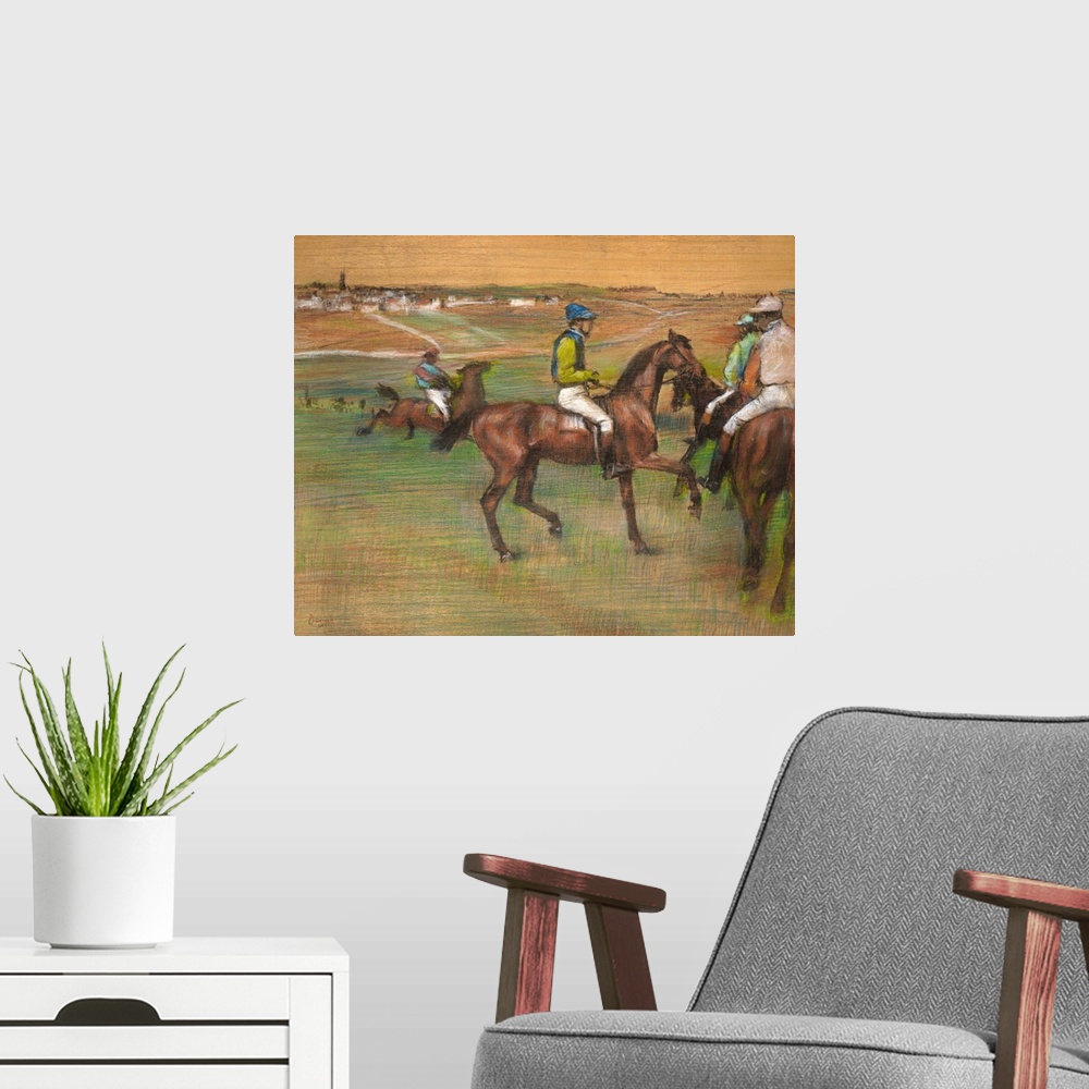 A modern room featuring Degas undertook racing scenes throughout his career, characteristically manipulating his horses a...