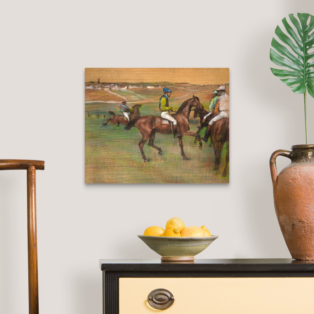 A traditional room featuring Degas undertook racing scenes throughout his career, characteristically manipulating his horses a...