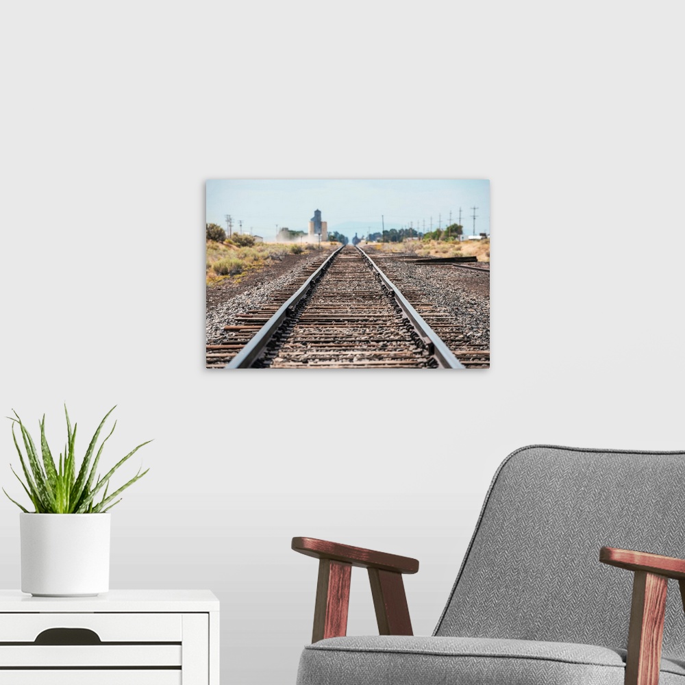 A modern room featuring View of railroad tracks near Lake Tahoe in California and Nevada.