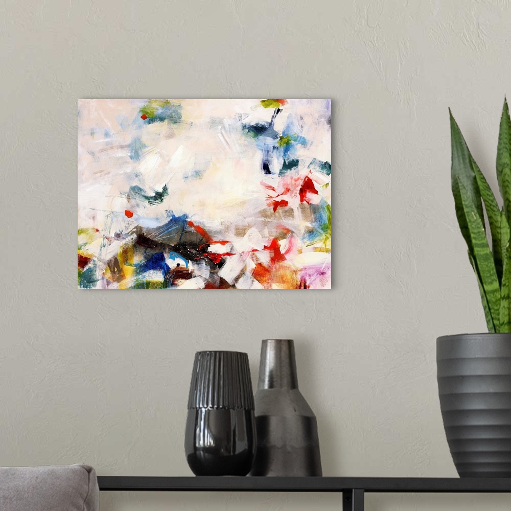 A modern room featuring Colorful contemporary abstract painting consisting of short thick brush strokes.