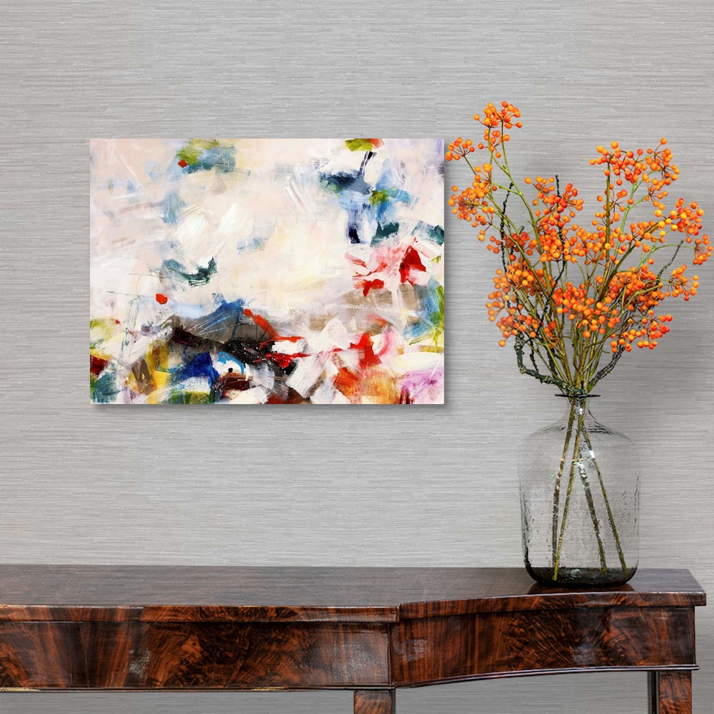 A traditional room featuring Colorful contemporary abstract painting consisting of short thick brush strokes.