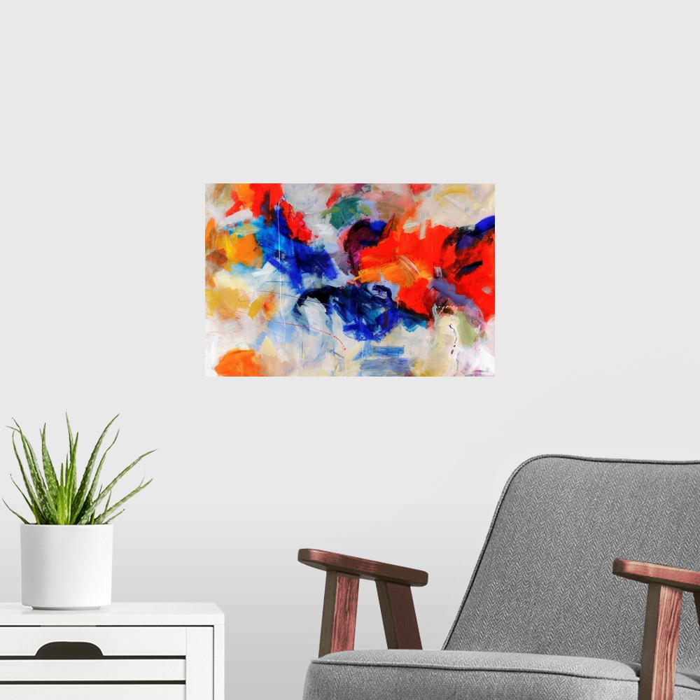 A modern room featuring Wall art of an abstractly painted canvas of different blotches of bright colors put together.