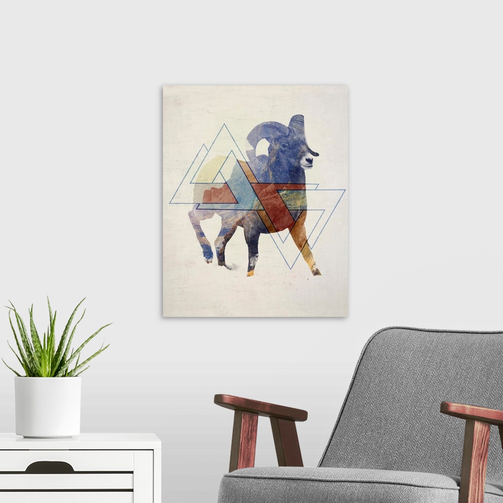 A modern room featuring Double exposure artwork of a bighorn sheep ram and mountains with triangular shapes.