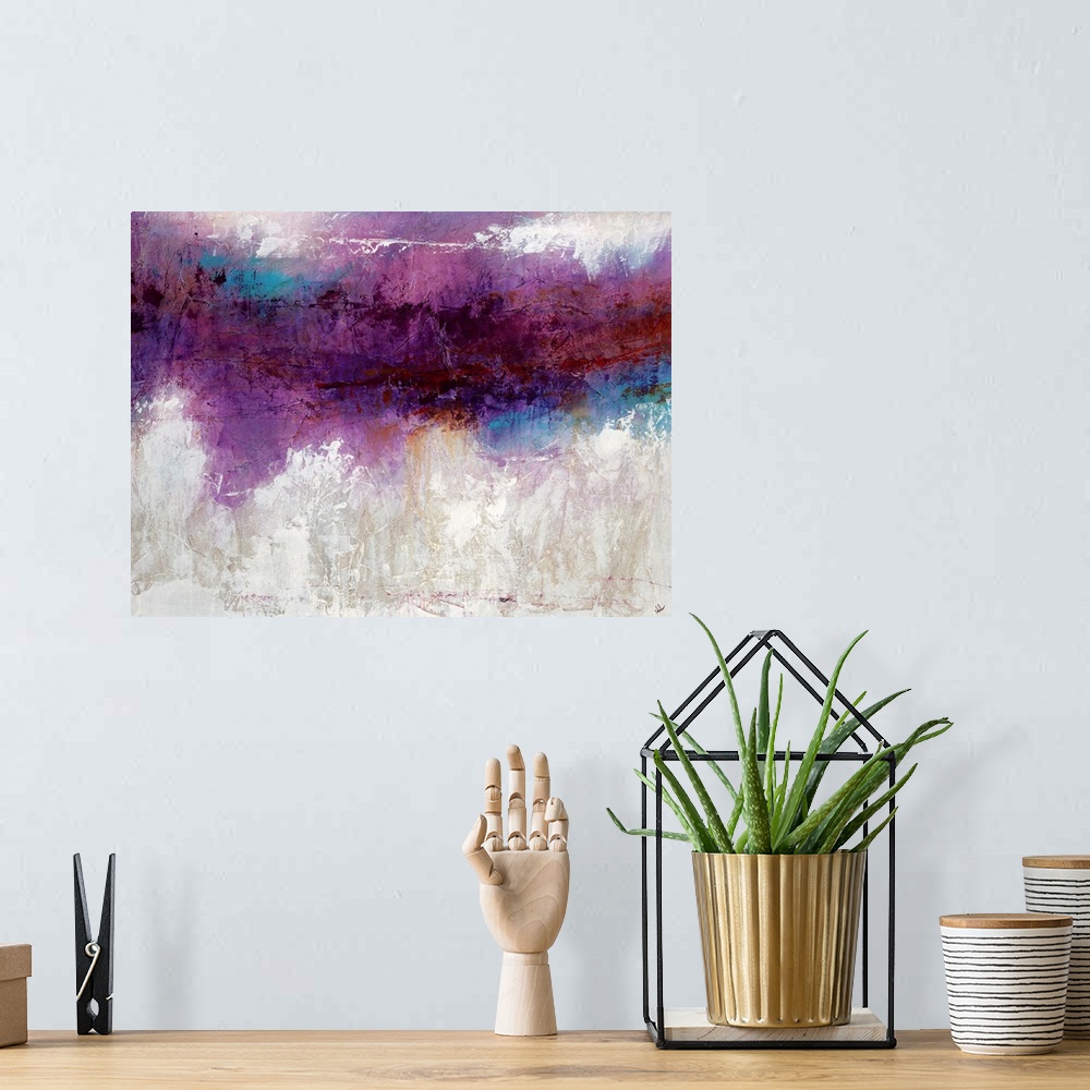 A bohemian room featuring Abstract artwork consisting of a bright purple mass over a cool, neutral background.