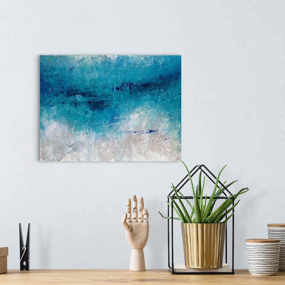 A bohemian room featuring Abstract artwork consisting of a bright blue  mass over a cool, neutral background.