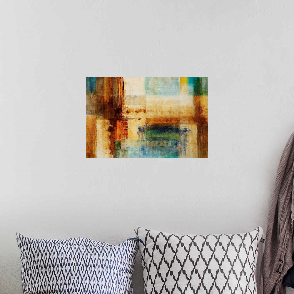 A bohemian room featuring Abstract artwork that consists of blocks of color in different sizes running both horizontally an...