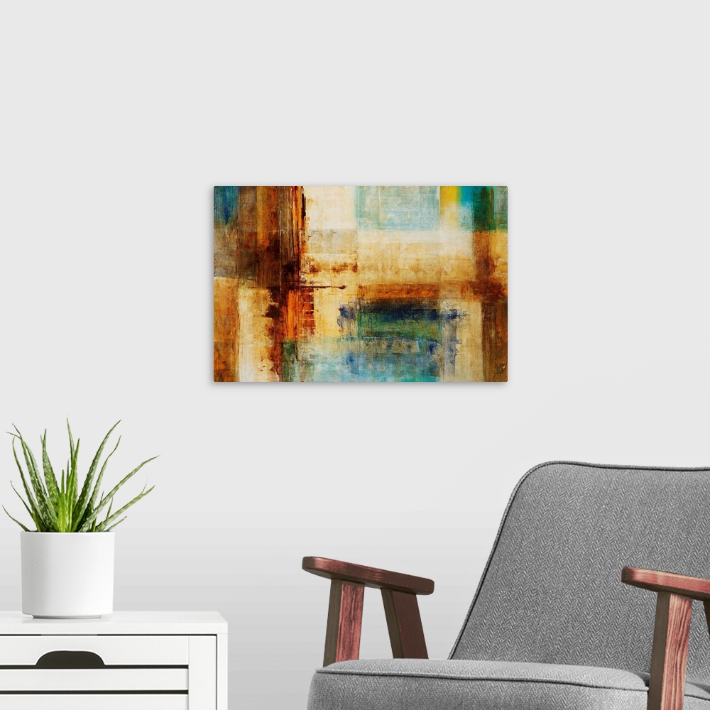 A modern room featuring Abstract artwork that consists of blocks of color in different sizes running both horizontally an...
