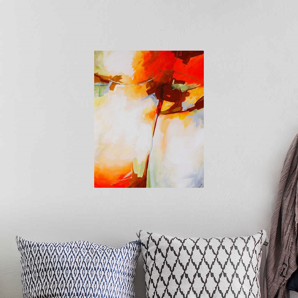 A bohemian room featuring Abstract painting done with muted, pastel colors and pops of bright orange-red.