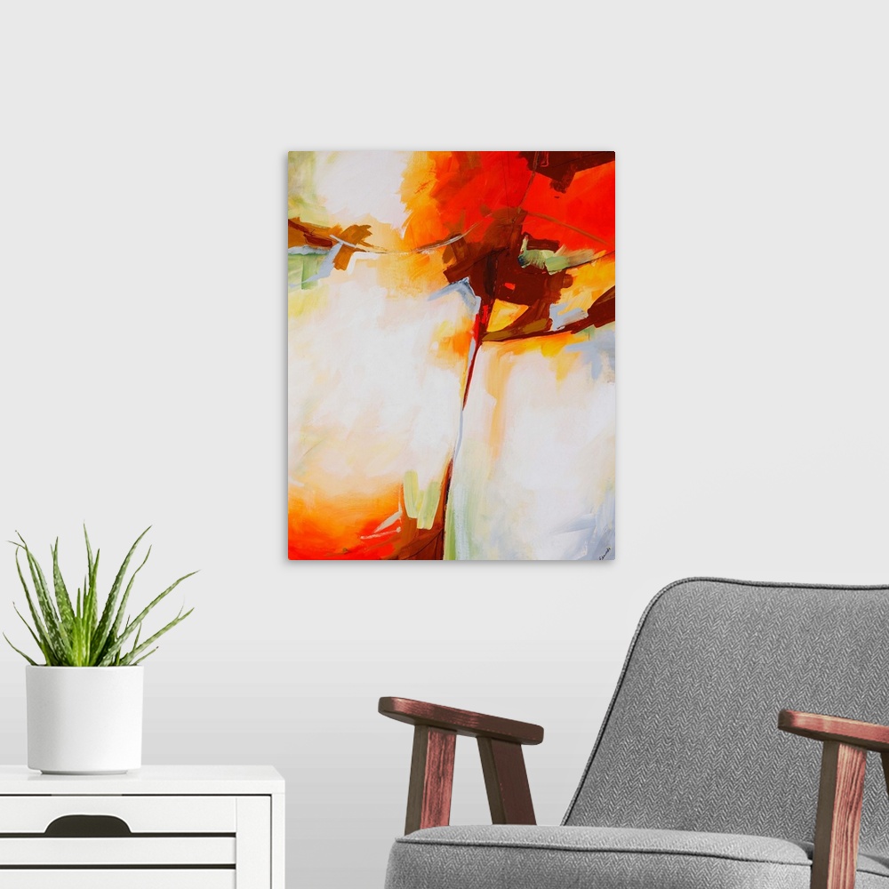 A modern room featuring Abstract painting done with muted, pastel colors and pops of bright orange-red.