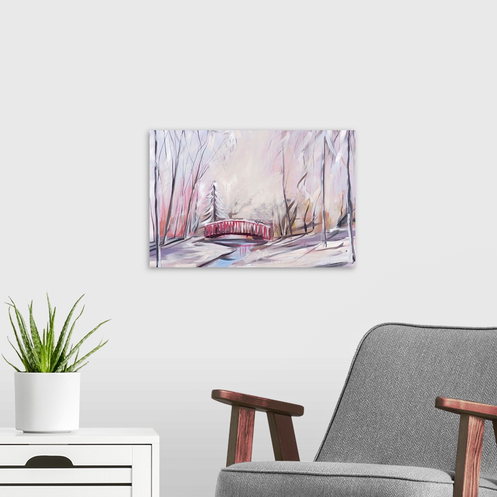 A modern room featuring Contemporary painting of a forest in the winter with a small red bridge over a creek.