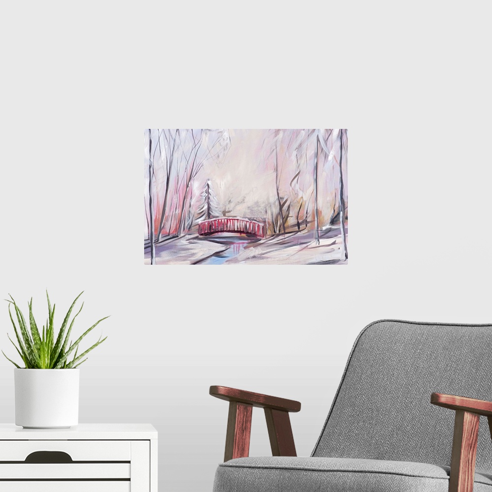 A modern room featuring Contemporary painting of a forest in the winter with a small red bridge over a creek.
