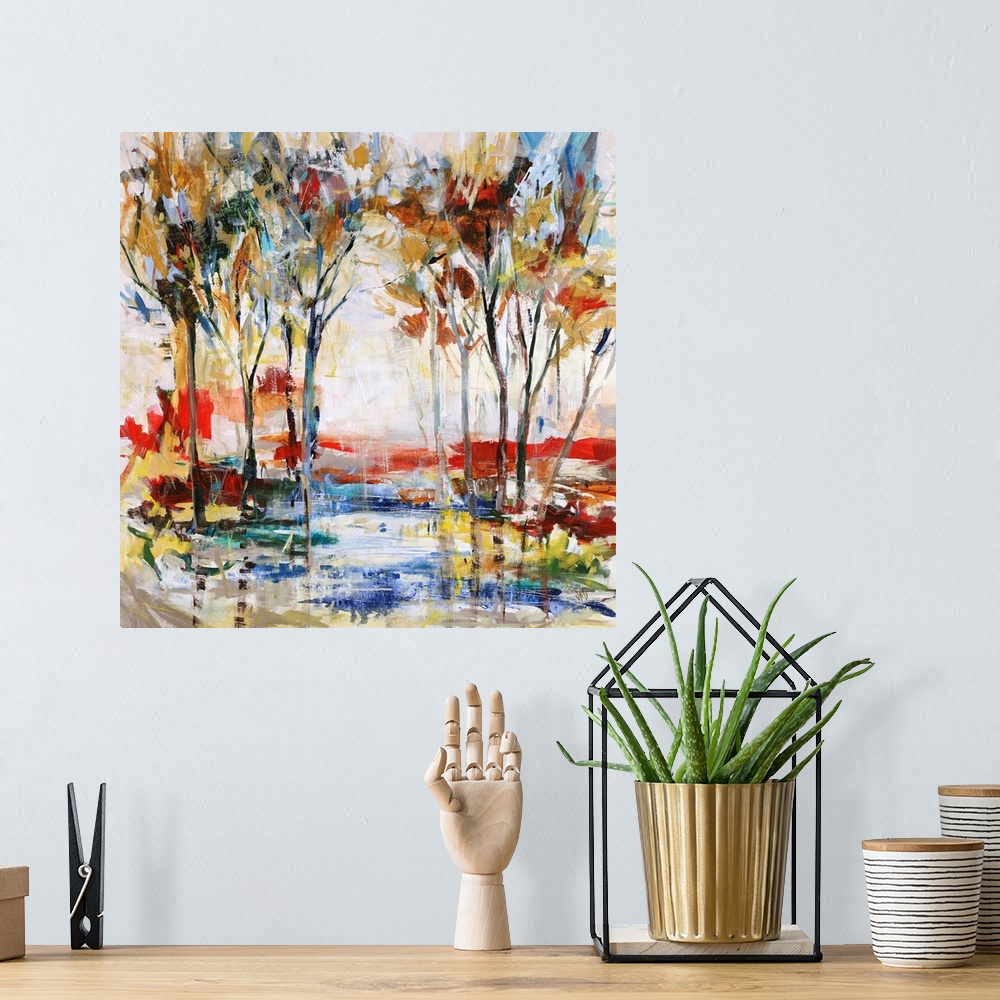 A bohemian room featuring Contemporary painting of a grove of vibrant trees, surrounded by a multicolored playful landscape.