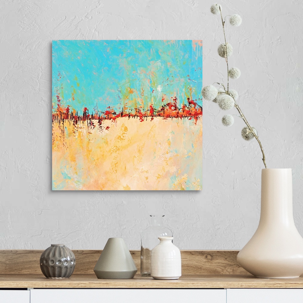A farmhouse room featuring Contemporary abstract painting with bright turquoise and gold separated by intense orange.