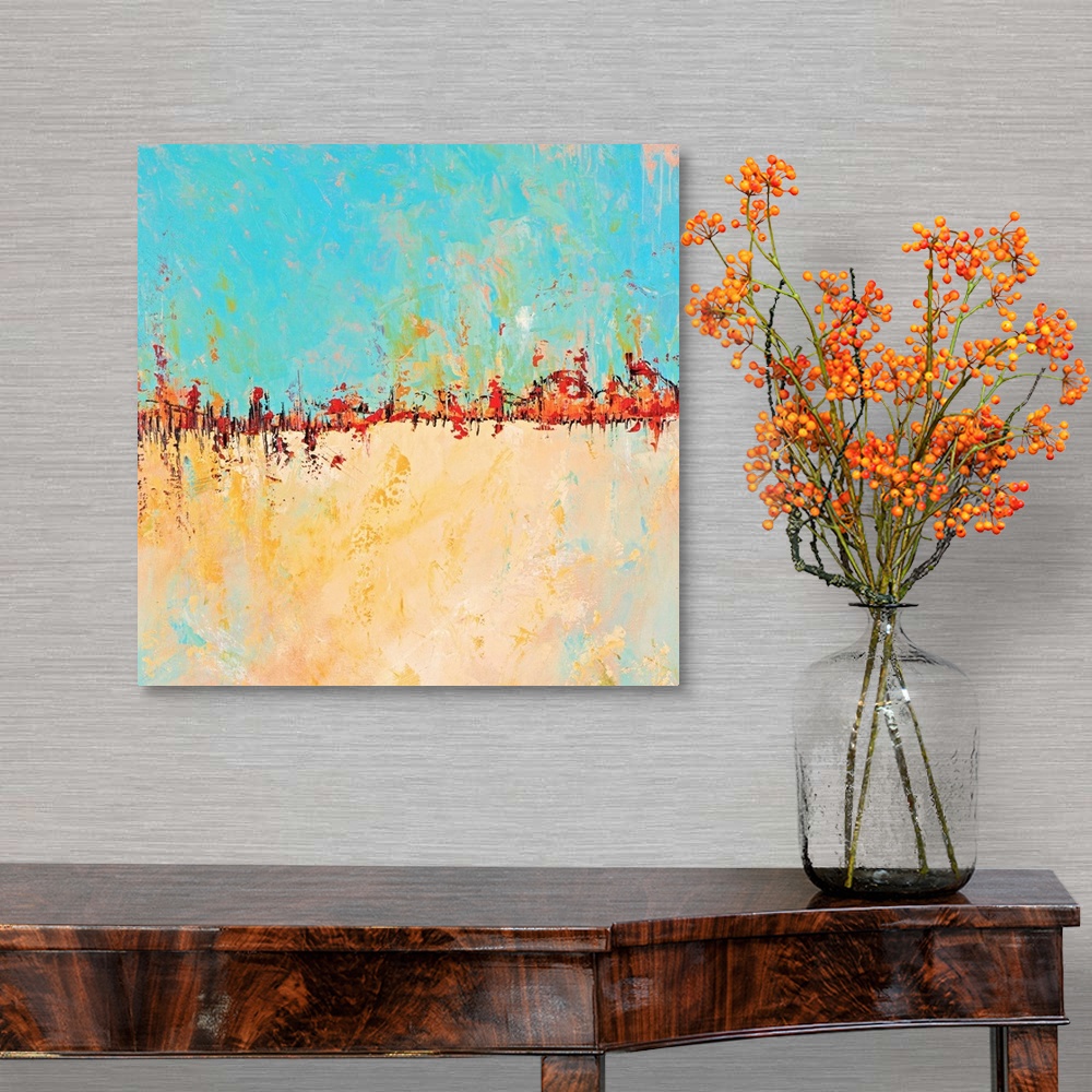 A traditional room featuring Contemporary abstract painting with bright turquoise and gold separated by intense orange.