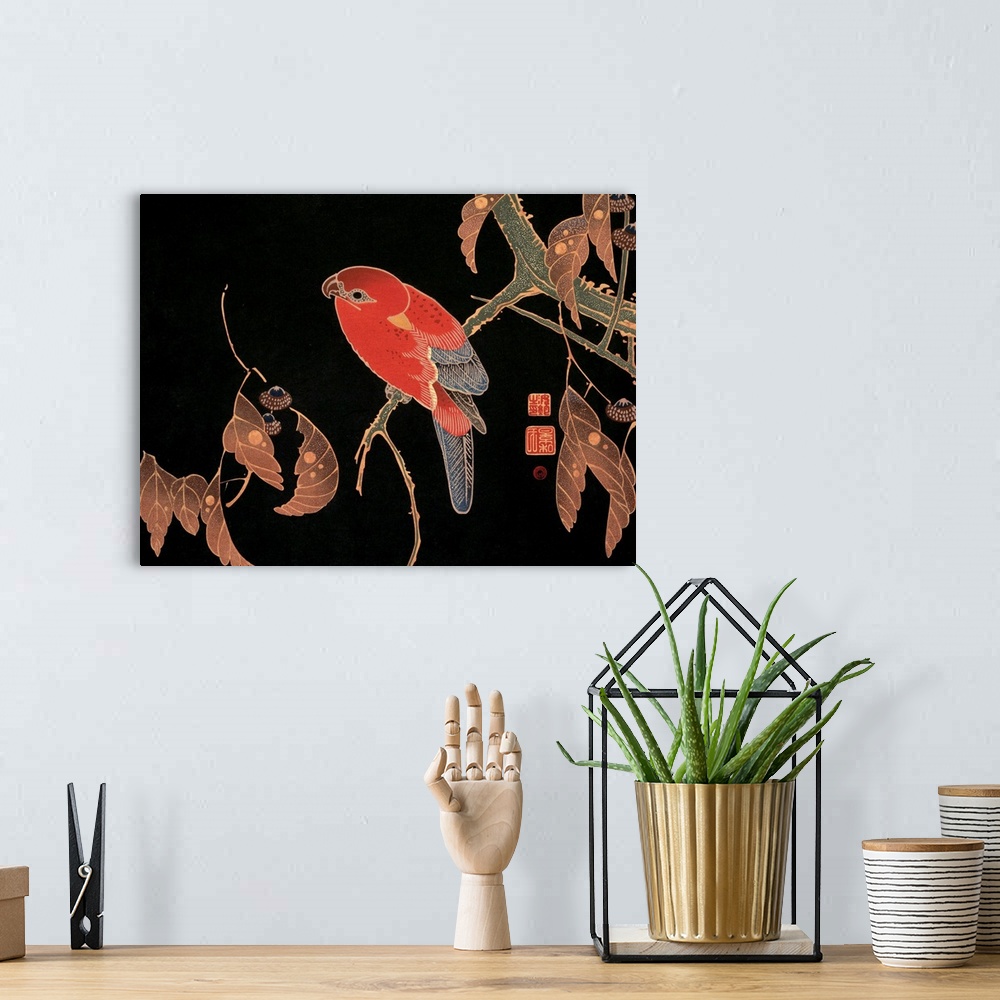 A bohemian room featuring Japanese woodblock print of a red lory perched on a tree branch.