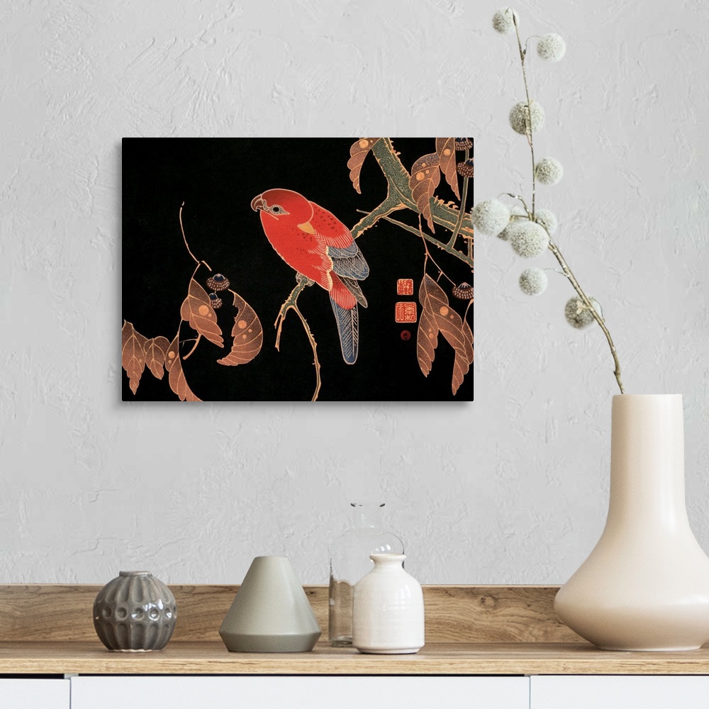 A farmhouse room featuring Japanese woodblock print of a red lory perched on a tree branch.